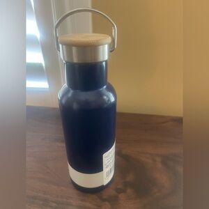 HBC Stripes Navy and Sterling Stainless Steel Water Bottle with Bamboo Lid